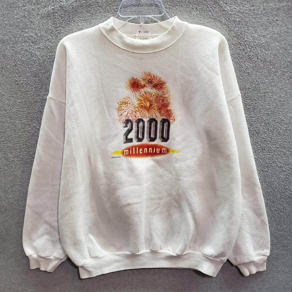 VINTAGE Millennium 2000 Men Sweatshirt XL White‎ Y2K Pullover